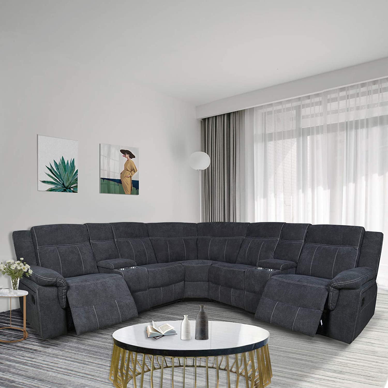 Reclining Sectional Sofa Power Motion, Grey Fabric Sectional Sofa With Recliner And Chaise Lounge