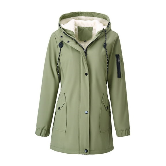 Women's Raincoat With Fleece Lightweight Raincoat Hooded Windbreaker Jacket