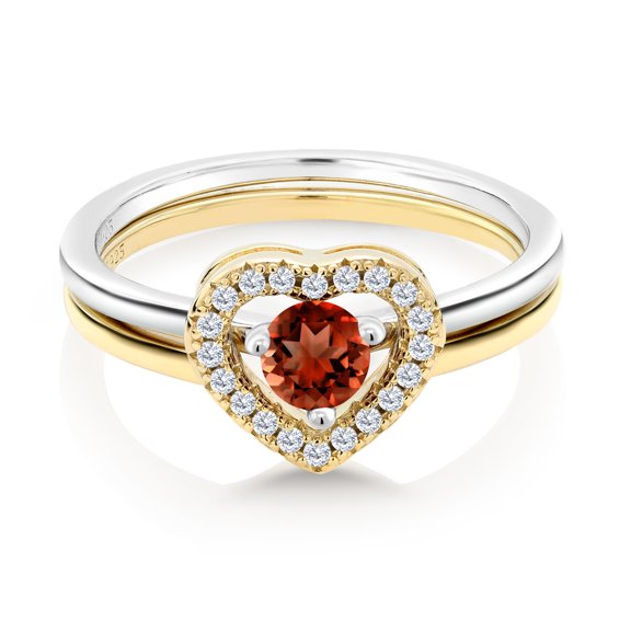 Gem Stone King 18K Two-Tone Plated Sterling Silver Red Garnet Ring for Women | 0.61 Cttw | Round 4MM | Gemstone Birthstone | Wedding Engagement Anniversary Promise Ring for Women | Size 8
