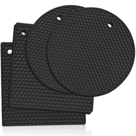 KITCHENATICS Trivets for Hot Dishes, Silicone Trivets for Hot Pots & Pans, Hot Pads for Kitchen, Pot Holders for Kitchen Heat Resistant Mats for Countertop, Silicone Trivet Mat Hot Plates, Black 4Pcs