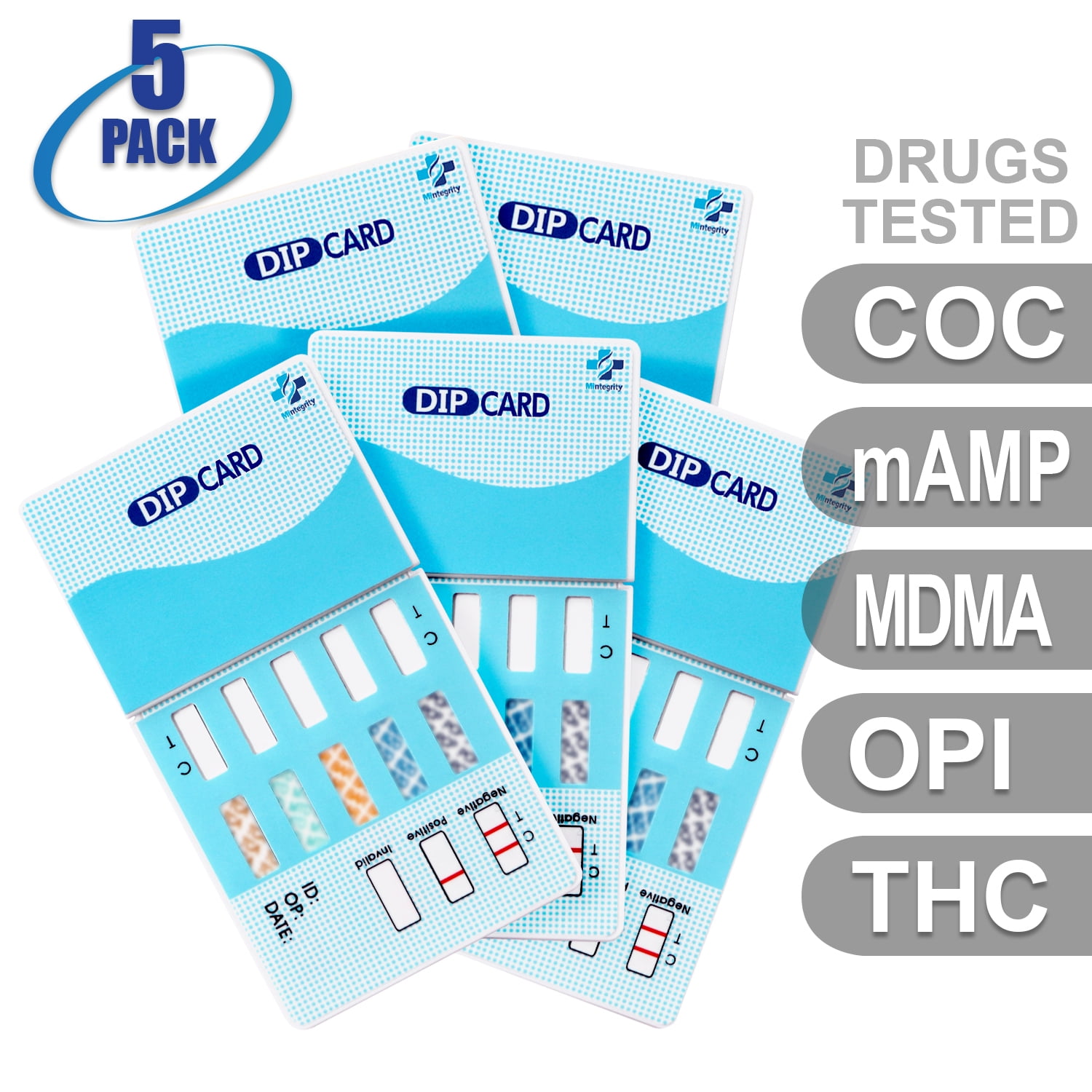 Mintegrity [5pk] - 5-Panel Dip Card Instant Urine Drug Test - (COC/mAMP/MDMA/OPI/THC) #MI-WDOA-554