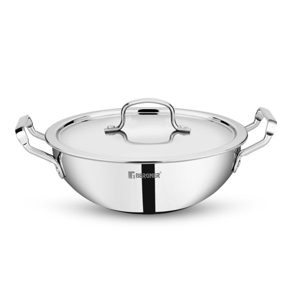Tripro Triply 22 Cm Deep Kadai With Stainless Steel Lid 2.5 Liters Capacity | Broad Hold Handles, Laser-etched Scale, Smooth Finished Surface - Induction & Gas Ready