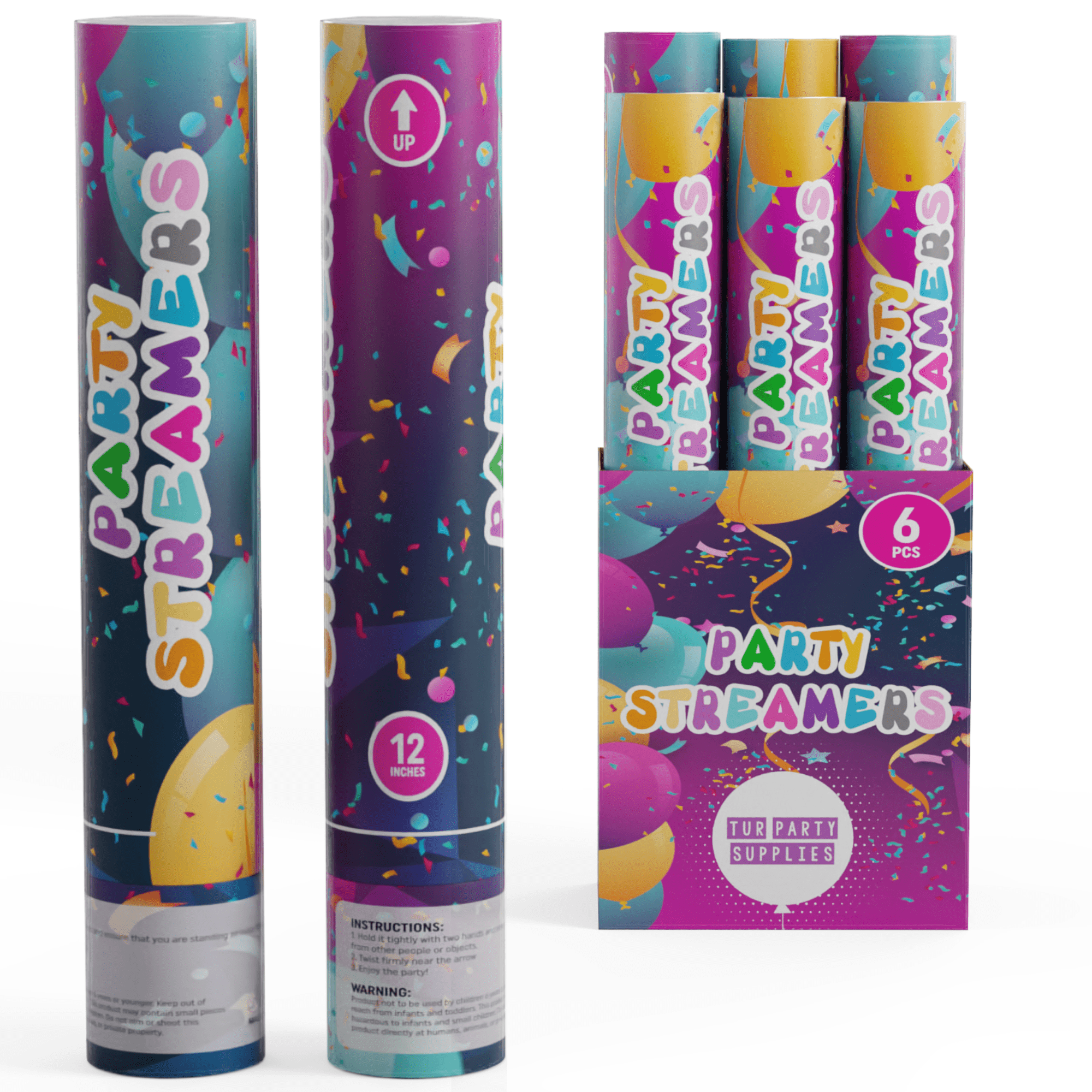 TUR Party Supplies NO MESS! 6 Piece Streamer Confetti Poppers (12 Inch