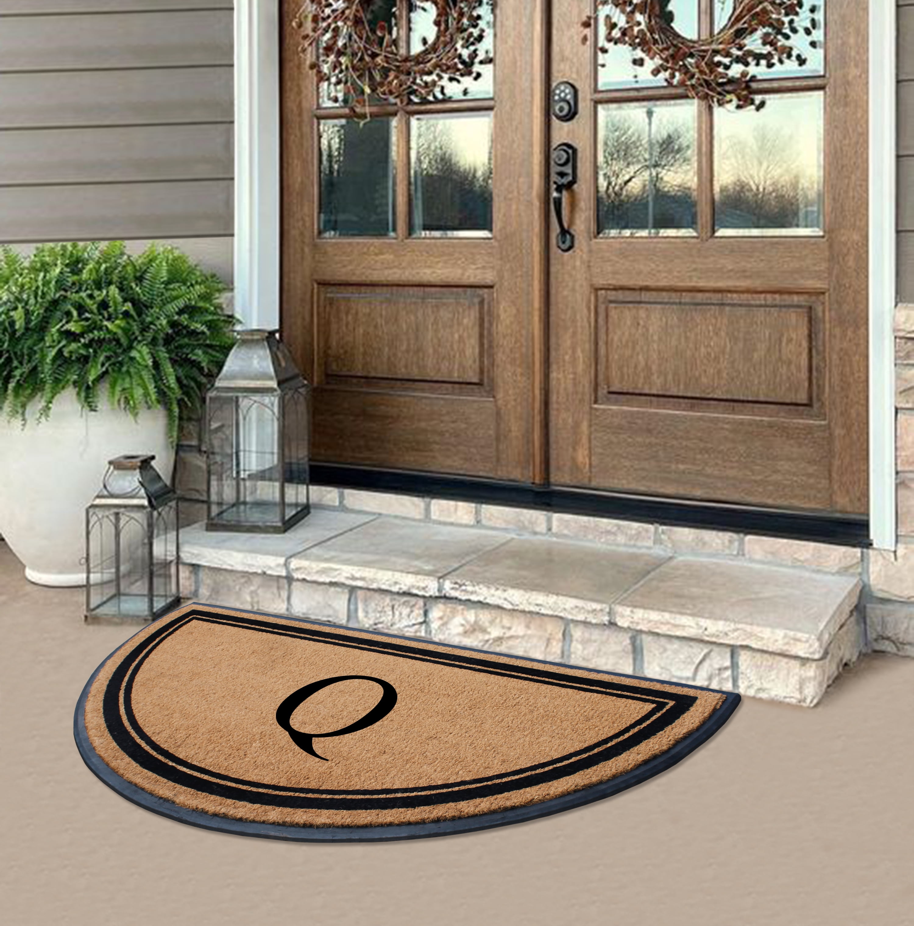 A1HC 36"x72" Natural Coir & Rubber Semicircular Monogrammed Door Mat, Thick, Durable, Heavy-Duty Welcome Mat for Front Door, Black Border