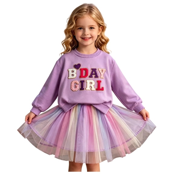 Girls Birthday Girl 2‑Piece Outfit Long Sleeve Sweatshirt and Rainbow Mesh Tulle Skirt Set Sweet Princess Party Clothing for Little Girls Autumn Casual Birthday Wear(Purple,6-7 Years)