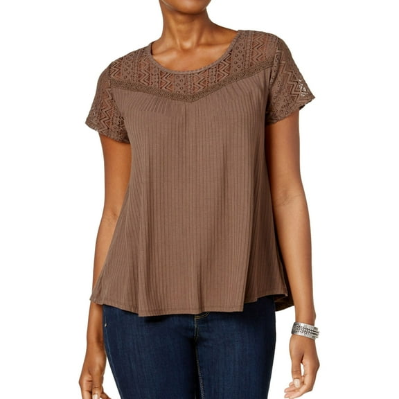 Style & Co. Womens Lace Yoke Basic T-Shirt, Brown, X-Small