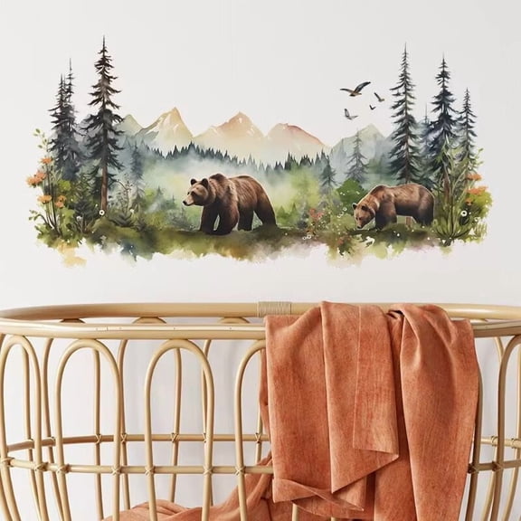 Large Jungle Animals Forest Tree Wall Decal - Peel and Stick Woodland Bear Fox Deer Stickers - Giant Mountain Art for Bedroom Nursery Room