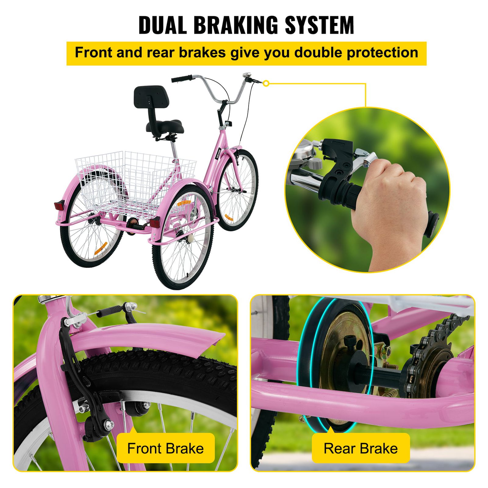 VEVOR Foldable Adult Tricycle 24 Wheels, 1-Speed Pink Trike, 3 Wheels Colorful Bike with Basket, Portable and Foldable Bicycle for Adults Exercise Shopping Picnic Outdoor Activities - image 5 of 9