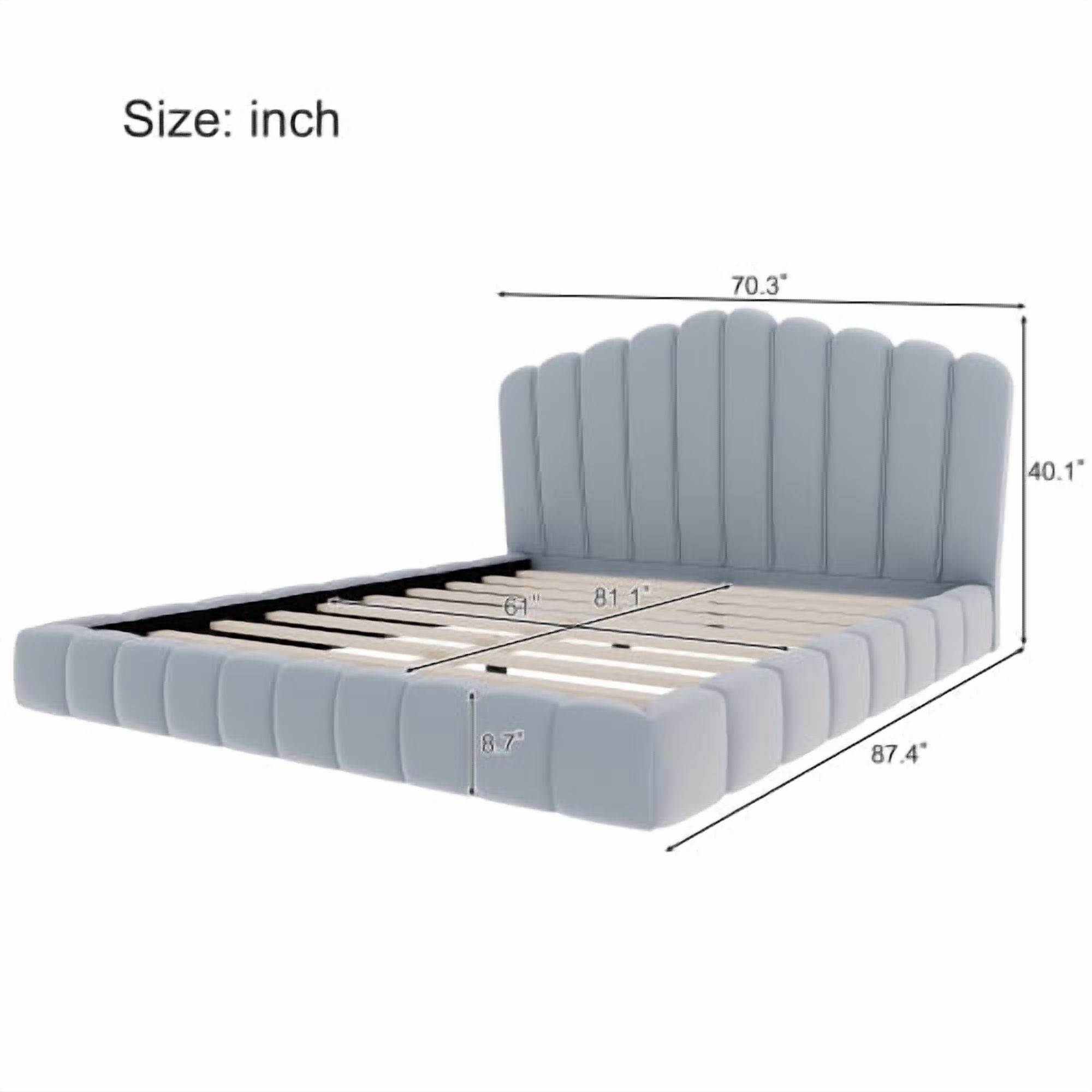 Velvet Upholstered Queen Floor Bed Frame with Shell-Shaped Headboard, No Box Spring Needed, Low Profile Platform Bed for Bedroom, Light Blue