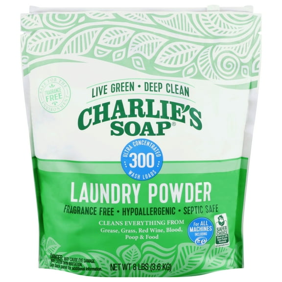 Charlie's Soap, Laundry Powder 300 Loads, Fragrance Free, 8 lbs, 1 Pack