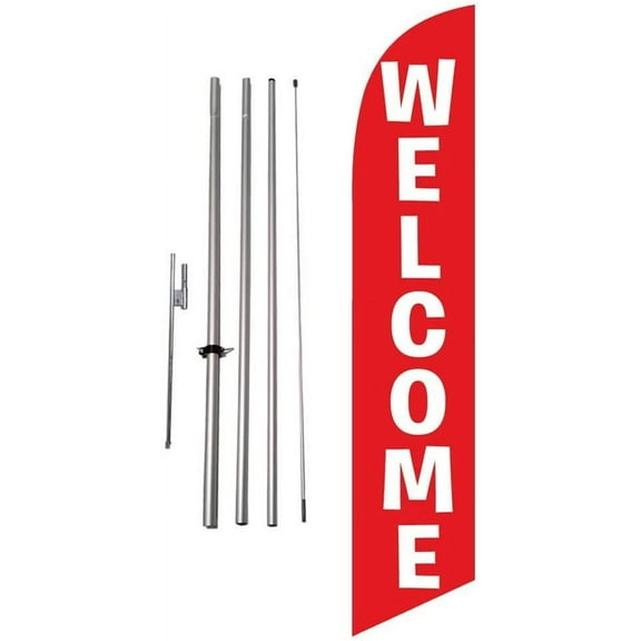 FFN Featherflagnation Welcome Feather Banner Flag with Pole Kit & Ground Spike, Red