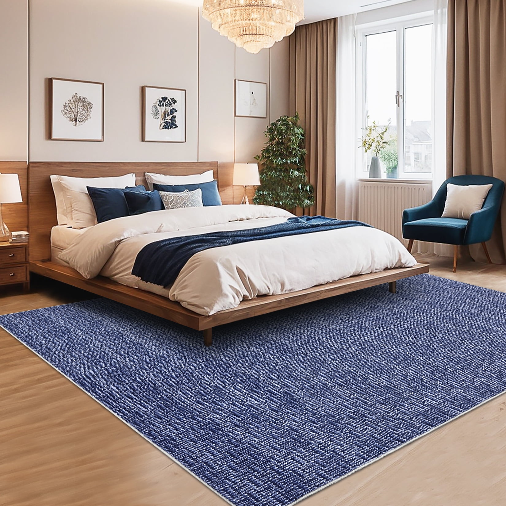 CAROMIO Washable Area Rug Non Slip Large 9' x 12' Rug for Living Room Solid Printed Textured Rug Indoor Carpet for Bedroom Dining Room, Blue
