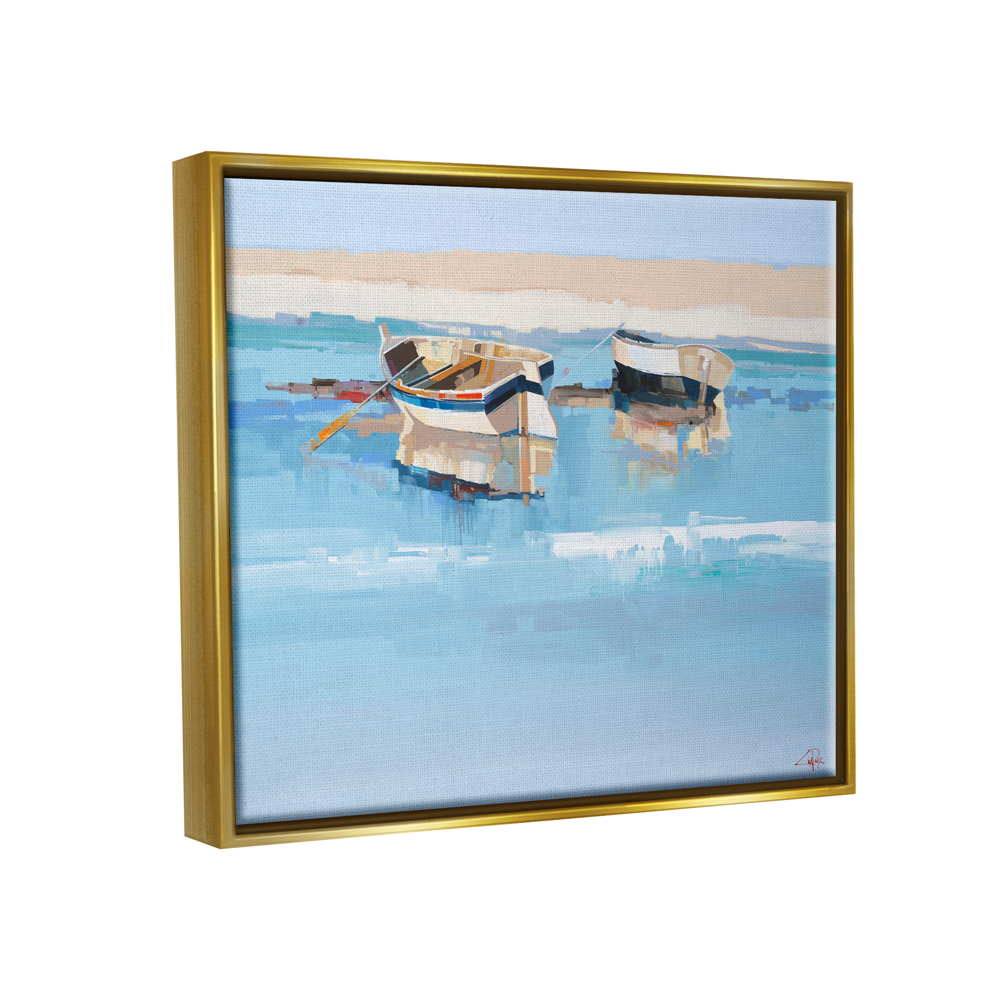 Stupell Industries Boats on Shore Painting Transportation Painting Gold Floater Framed Canvas Art Print Wall Art, 21 x 17