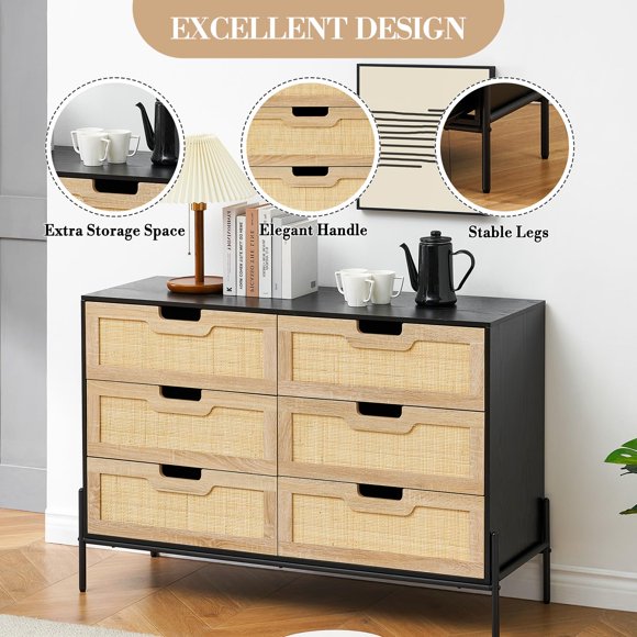 QinaQin Cómoda alta de madera con 6 cajones y detalle de ratán, mueble moderno de almacenamiento para recámara, clóset, sala o entrada, práctico y decorativo