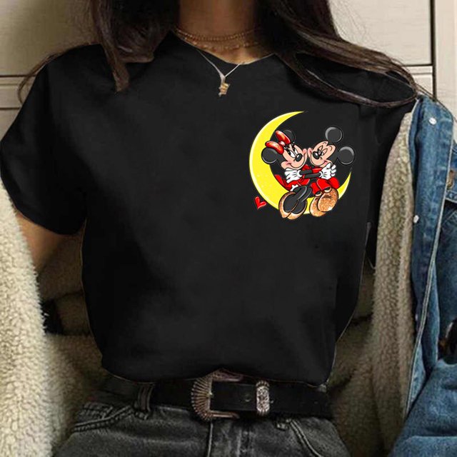 Valentine's Day Gift Disney Mickey Mouse Women's Crewneck High-Quality Casual 100% Cotton T-shirt Free ShippingS Gao Jinjia LED