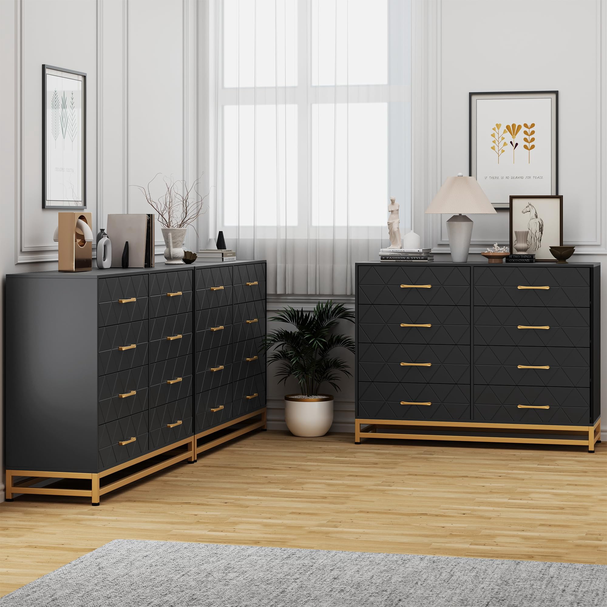Dresser for Bedroom, Black Dresser with 8 Drawers, Dressers & Chests of Drawers, Metal Handle, Modern Design Dresser Wooden Dressers for Bedroom, Living Room, Long Nightstand (Black)