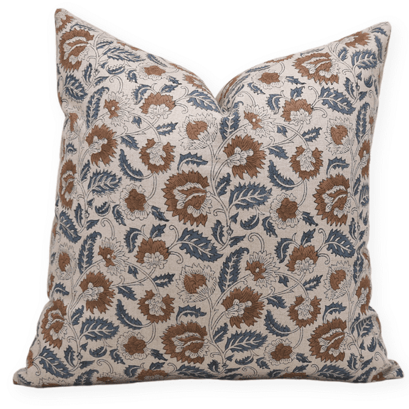 Fabdivine Block Print Throw Pillow Cover, 20x20 Inch Pure Linen Handmade Cushion Cover, Floral Print Boho Design Blue Pillow Cover for Sofa and Couch