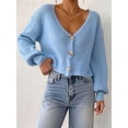 thumbnail image 6 of Women'S Long Sleeve V-Neck Button Down Rib Knit Cropped Cardigan Sweater Sky Blue M, 6 of 9