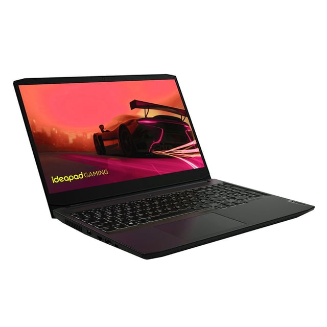 laptop lenovo gaming 15.6" ryzen 5 8gb 256gb 82k201xcus Vista 3/4 frontal de laptop Lenovo negra de 15.6" con pantalla Full HD mostrando imagen de automóvil, teclado retroiluminado blanco visible, touchpad centrado y puertos laterales; indica procesador AMD Ryzen y gráficos NVIDIA GeForce. Diseñada para gaming y esports, a menudo usada también para trabajo portátil.