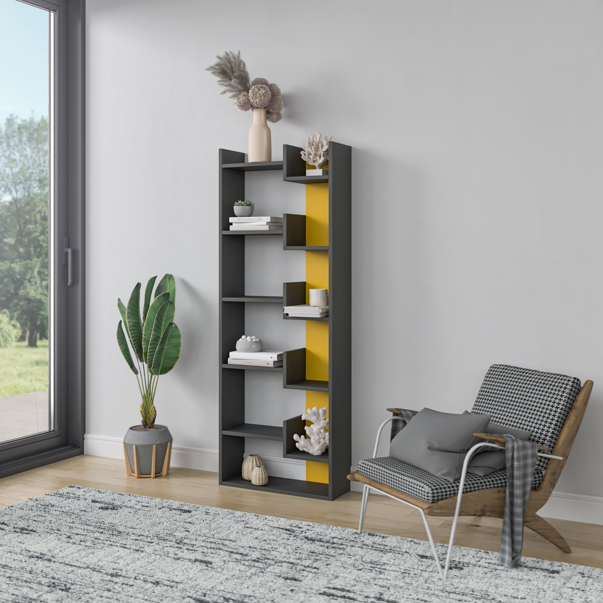 Ada Home Decor Bonaparte Multiple Tier Open Shelf Modern Bookcase, Anthracite/Mustard