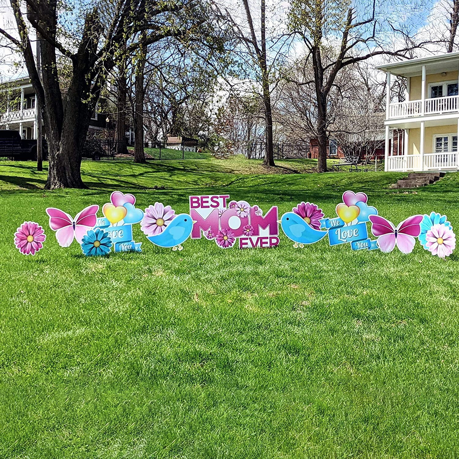 Best Mom Ever Mother's Day Yard Decoration 13 Pc Set with Stakes - Outdoor Lawn Signs, Reusable Weatherproof Corrugated Plastic