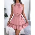 thumbnail image 5 of Halter Neck A Line Long Dress Sleeveless Ruffle Trim High Waist Slim Fit Casual Daily Wear Womens Summer Dress, 5 of 7
