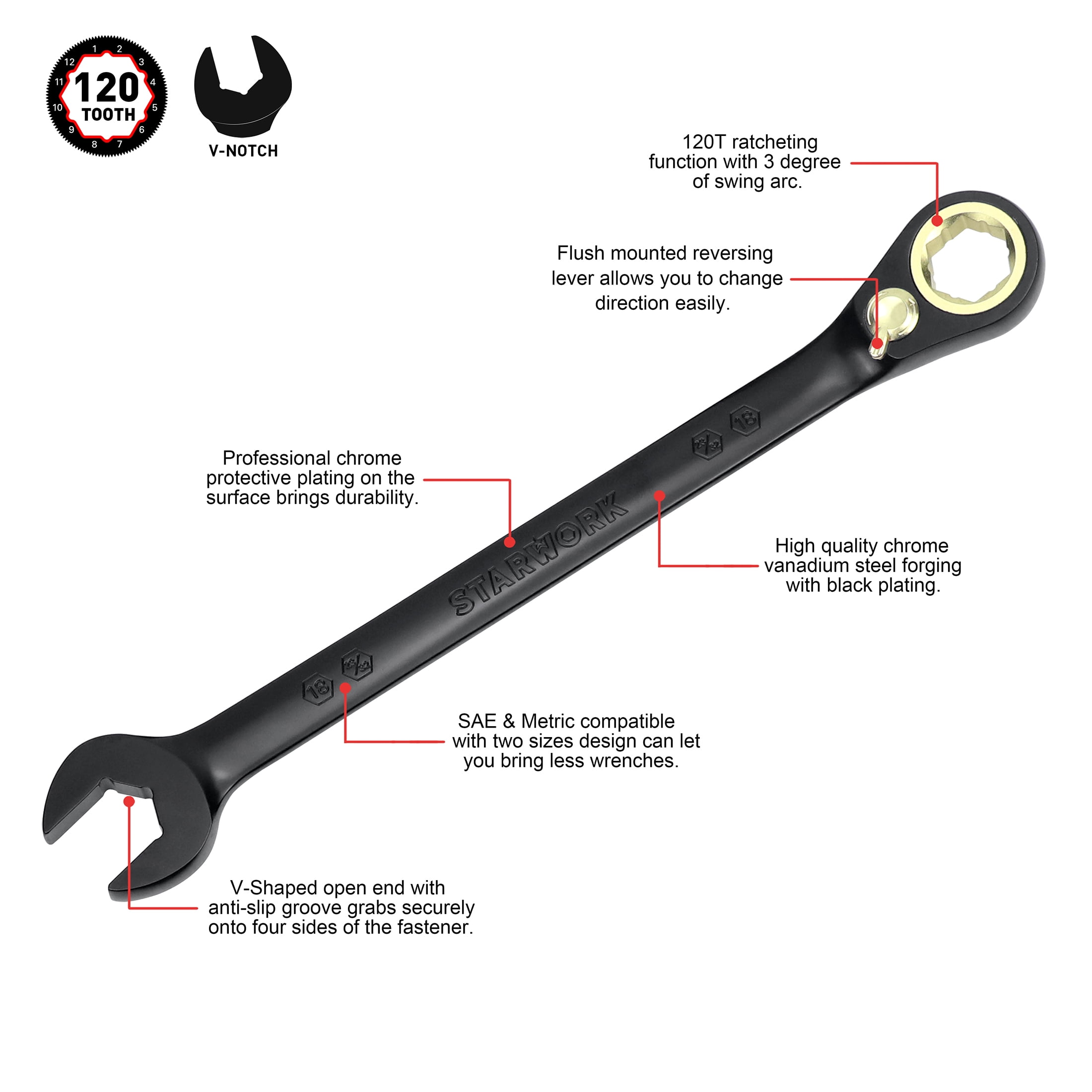 STARWORK TRUE MECHANIC™ 12Pc. 2-IN-1, 120T Reversible Ratcheting Wrench Set, Long Pattern, Professional, With Portable Roll-Up Pouch Bag