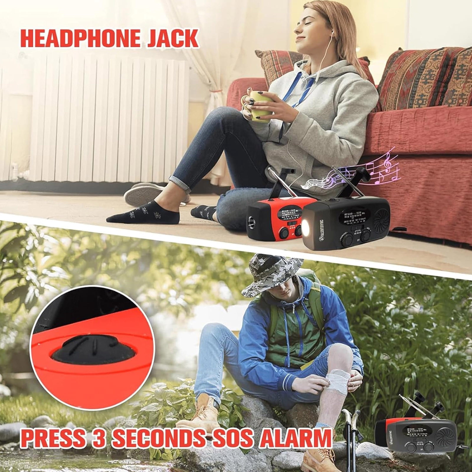 Solar Radio, Portable Hand-Crank AM/FM/WB Emergency Radio with Torch Solar Radio, 2000mAh Rechargeable Power Bank for Phone Charging Solar Radio, Red Design for Camping Home Emergency Use