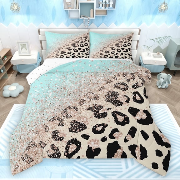 Castle Fairy Teens Gradient Cheetah Print Bedding Comforter Set 2pcs,Blue Brown Ombre Twin Comforter Sets Microfiber,Abstract Bling Glitter Breathable Bedding Set,Super Cozy Room Decor,Reversible