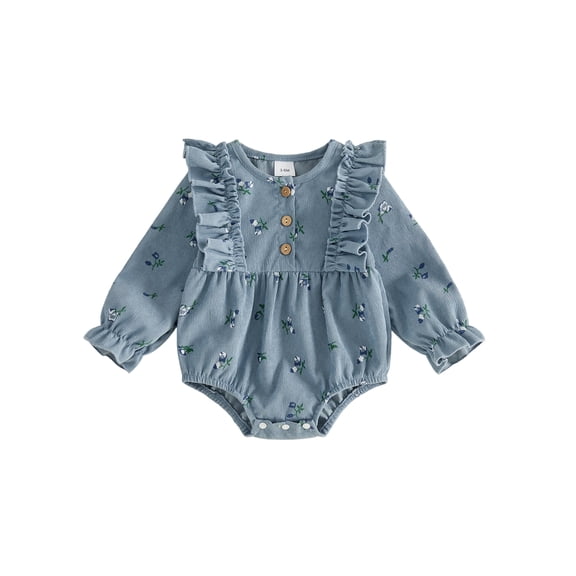 Cjfdfy Newborn Baby Girls Fall Romper Floral Ruffles Long Sleeve Henley Neck Corduroy Bubble Bodysuit Infant Sweet Baby Girl Set Cute Coming Home Fall Winter Outfit 0-18M