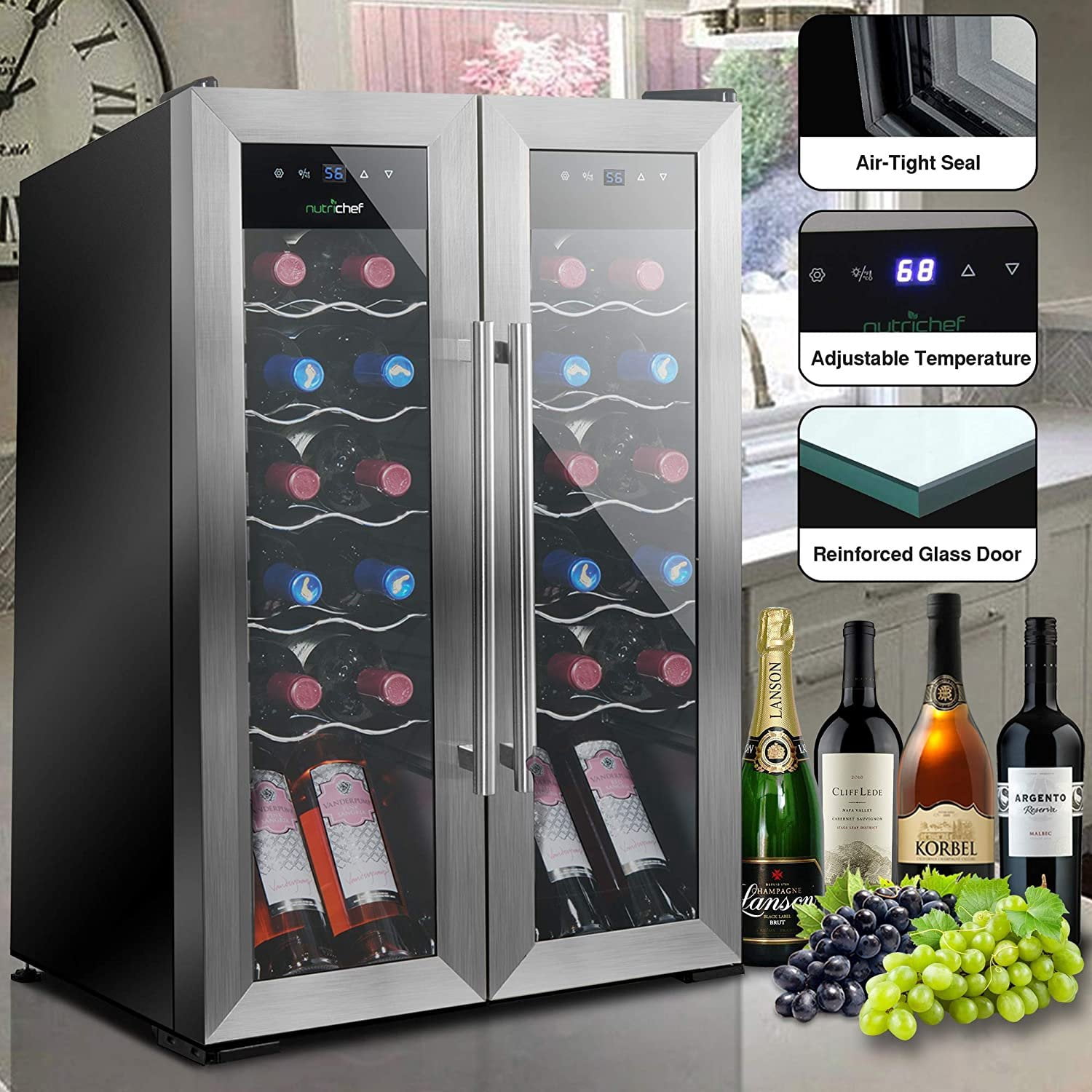24 Bottle Wine Cooler Refrigerator - White Red Wine Fridge Chiller Countertop Wine Cooler - Freestanding Compact Mini Wine Fridge 24 Bottle w/ Digital Control, Stainless Steel Door - NutriChef PKCWC24
