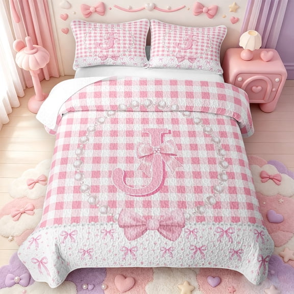 Manfei Ribbon Bow Knot Quilt Full,Alphabet J Design Full Bedspread Sets,3-Piece,1 Coverlet and 2 Pillowcases