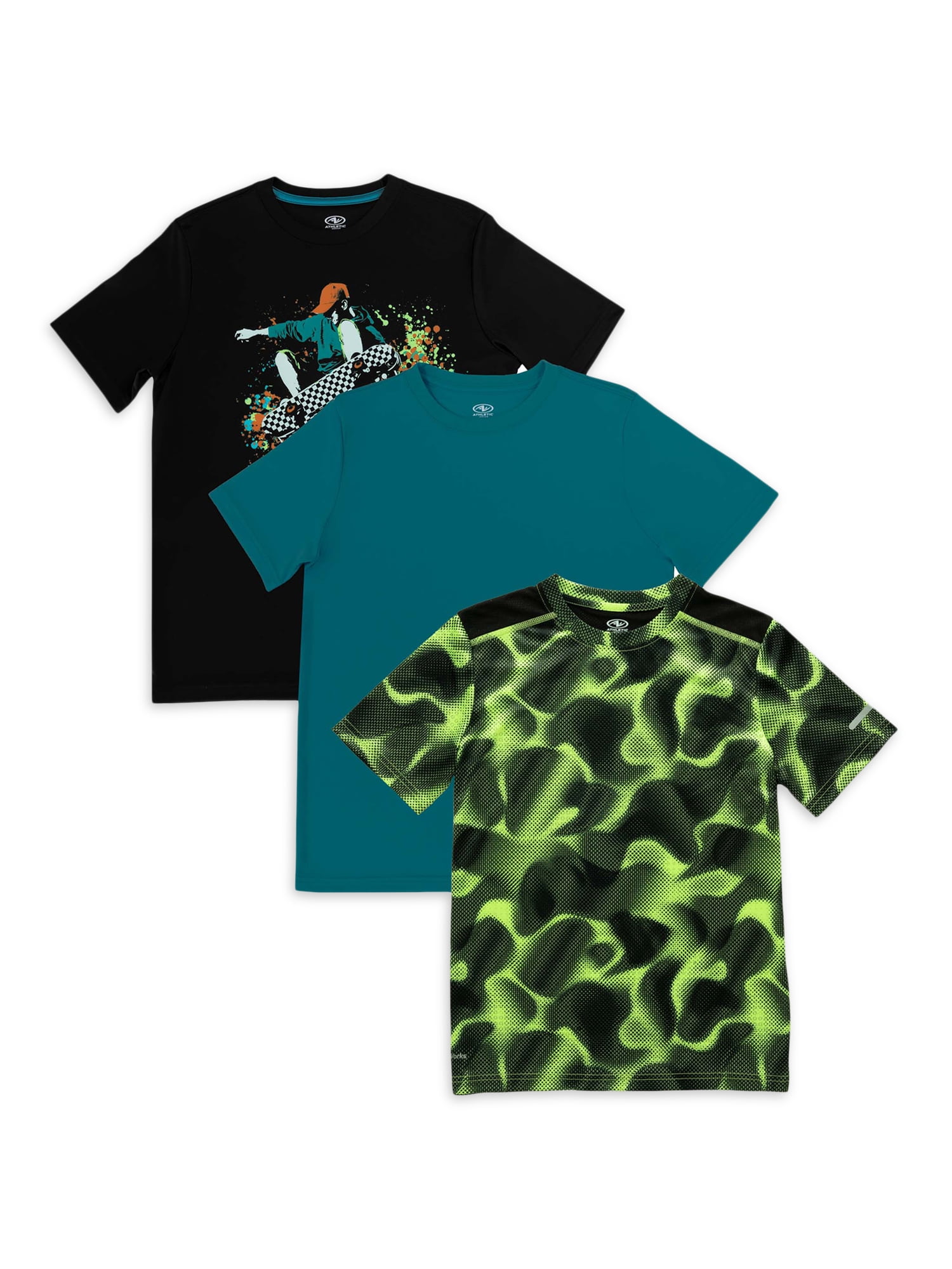 Athletic Works Boys Active Solid & Graphic Short Sleeve T-shirt, 3-Pack, Sizes 4-18 & Husky