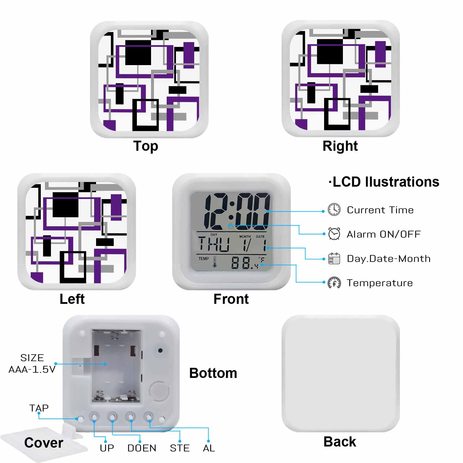 Purple Black Geometric Digital Alarm Clock for Bedrooms,Smart LED Alarm Clock with 7 Color Changing Night Light,Minimalist Stripes Abstract Art Silent Wake Up Clocks for Sleep Study Cooking 3.2"x3.2"