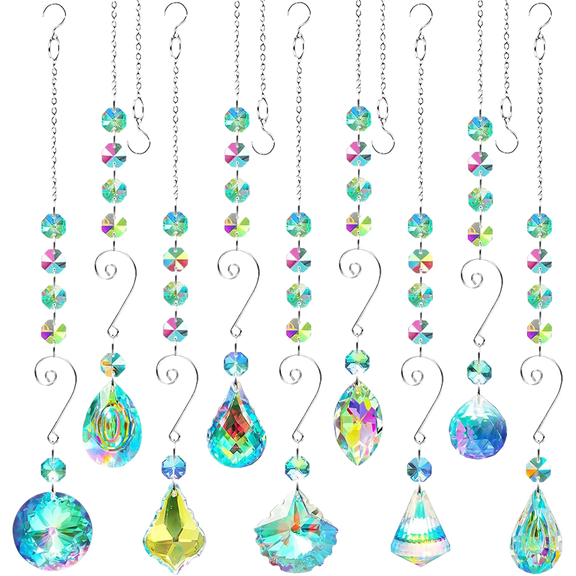 Generic 9-Piece Sun Catchers Indoor Window Crystal Glass Prisms Hanging Suncatcher Ornaments Set with Chains for Home Garden Decor, 15.75 Inches
