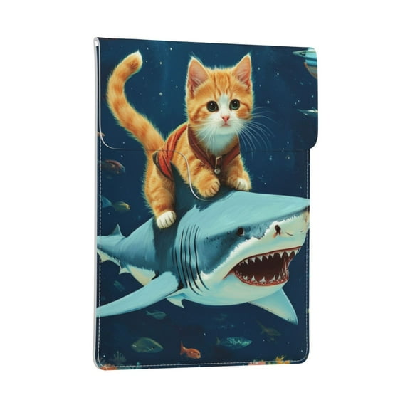 Pobuds Leather Laptop Sleeve, Padded Case, Thin Portable, Versatile Bag - Compatible with most 13 inch laptops for MacBook Pro 13 inch 2016 or later, MacBook Air 13,14 - Vertical, Cat riding shark
