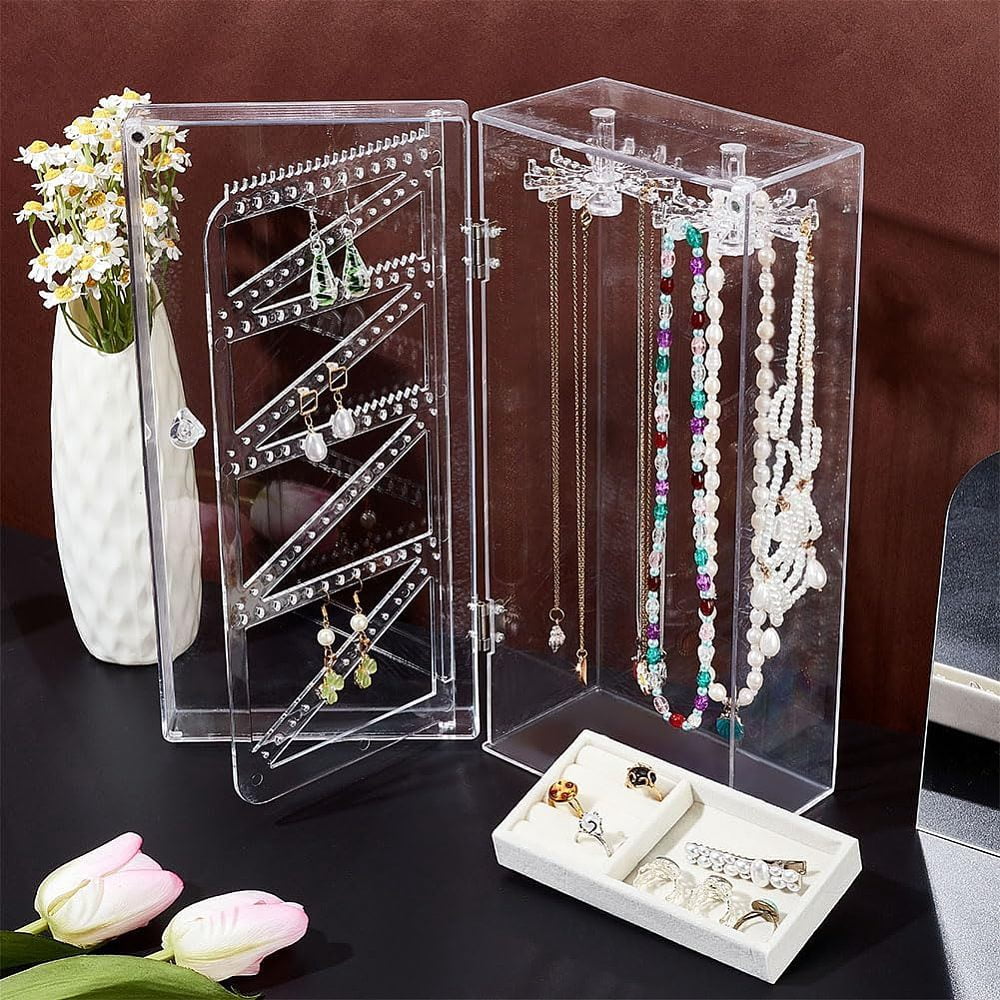 1 pc Rectangle Plastic Jewelry Organizer Storage Box with 24 Hooks 72-Slot Rotatable Hanging Necklace Holder with Dust-proof Velvet Jewelry Tray