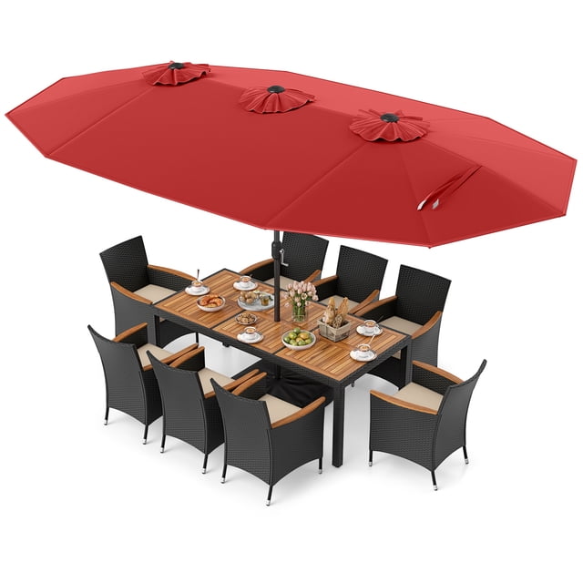 Costway 11 PCS Patio Wicker Dining Set with Double-Sided Outdoor Umbrella 8 Stackable Chairs