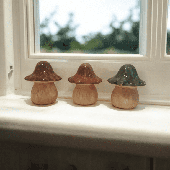 Glazed Ceramic Mushrooms Decor Set - Woodland Charm for Indoor and Outdoor Spaces, 3 Count