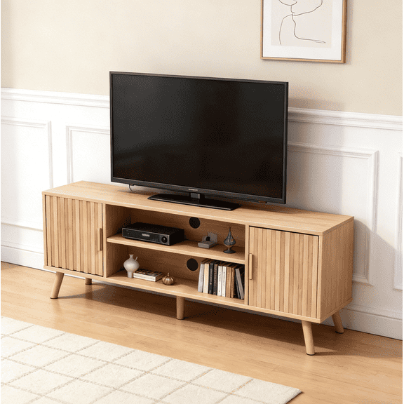 Ktaxon Modern Fluted TV Stand, 59" Television Stand for 55/60/65" TVs with 2 Doors and Adjustable Shelves, Media Console Storage Cabinet, Natural Wood
