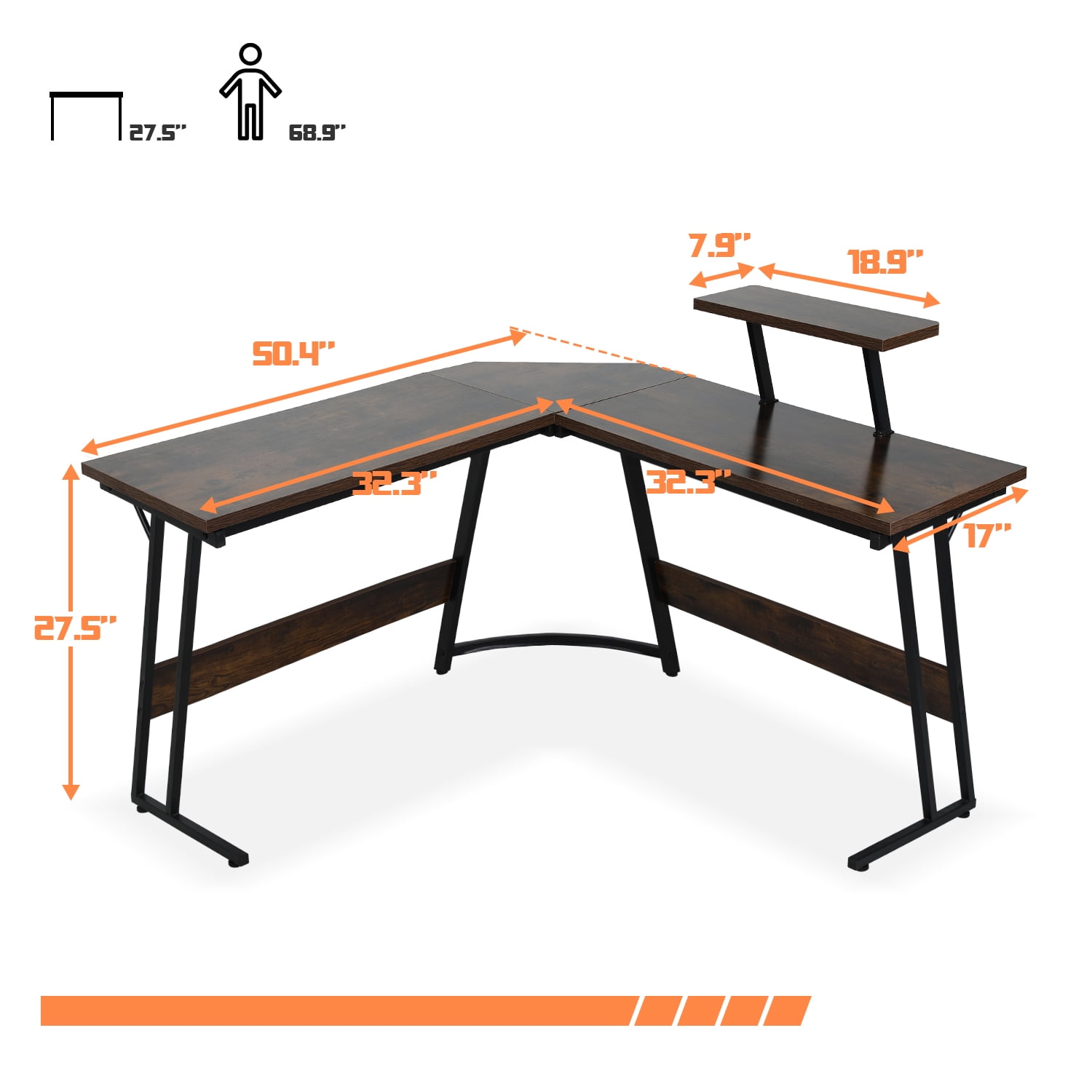 CL.HPAHKL L Shaped Desk Corner Gaming Desk Table with Large Monitor Riser Stand Computer Desk with Large Desktop Studying and Working and Gaming for Home and Work Place（ Brown 51 Inch）