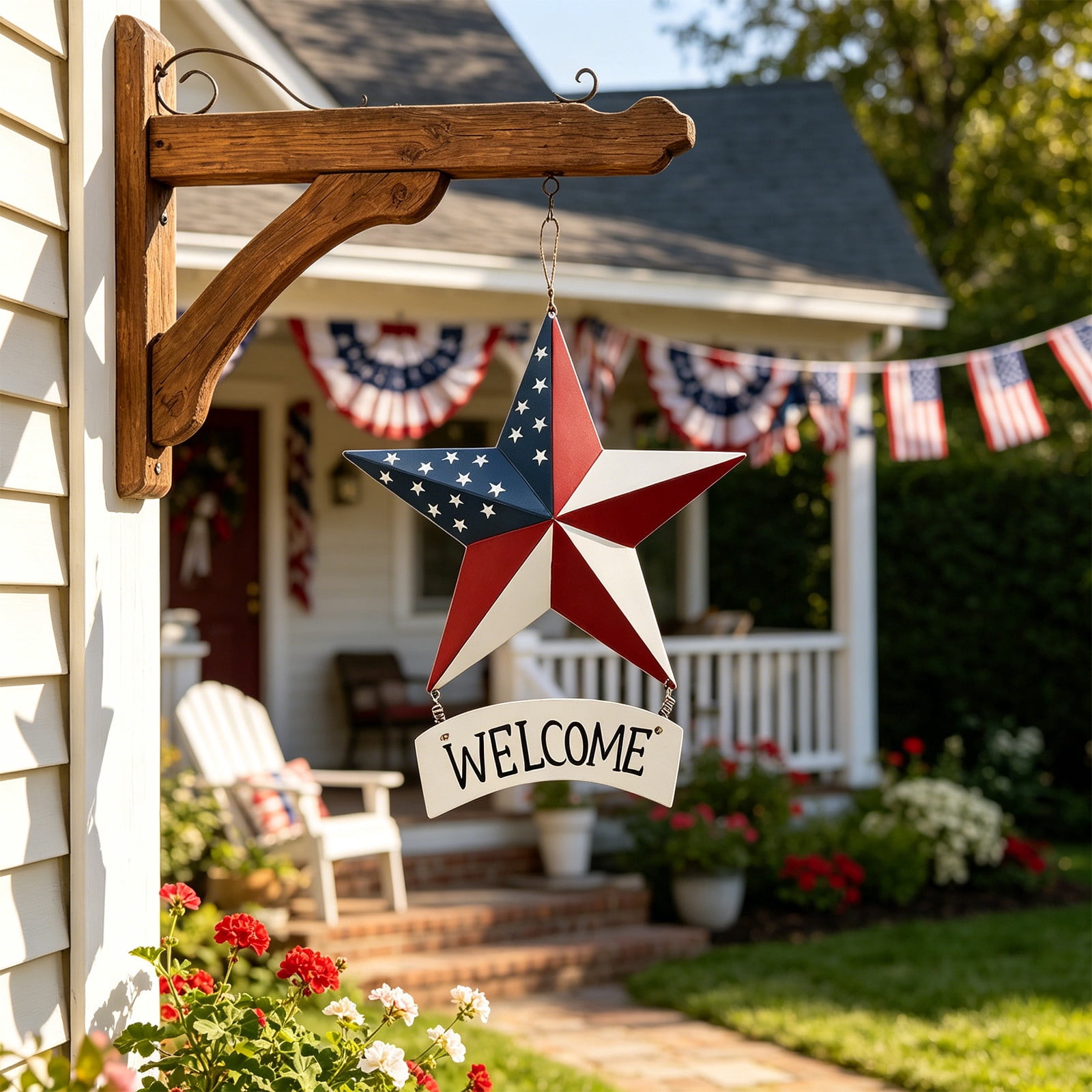 Metal Barn Star Welcome Sign Hanging Decor, Rustic Farmhouse Wall Art for Porch Window Garage, Large Galvanized Star Ornament for Indoor Outdoor Use