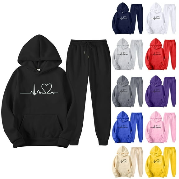 VBTAPA Womens Hoodie Sweatsuits 2 Piece Set Heartbeat Print Hooded Sweatshirt and Jogger Sweatpants Casual Tracksuit Sets Jogging Matching Suits with Pockets Big Deals Today Beige S