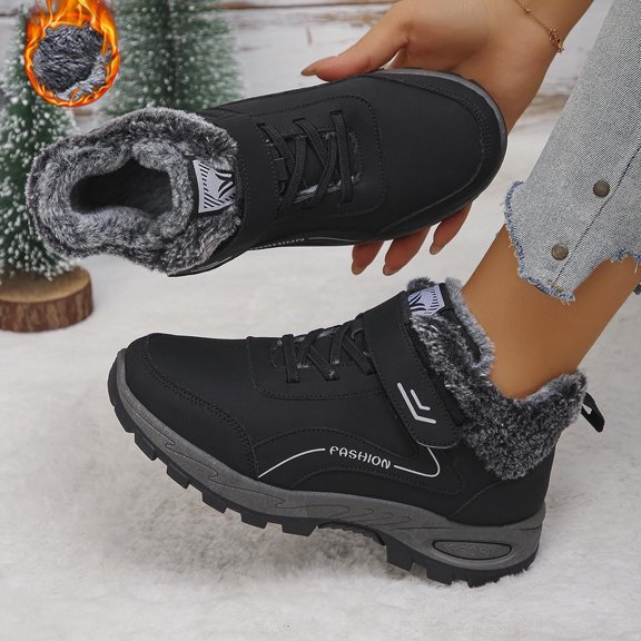 XUNKUSGA Women's Snow Boots Winter Waterproof Fleece Lined Ankle Booties Durable Warm Lined Women's Hiking Boots with Adjustable Hook and Lace Up for Cold Weather Black 5.5