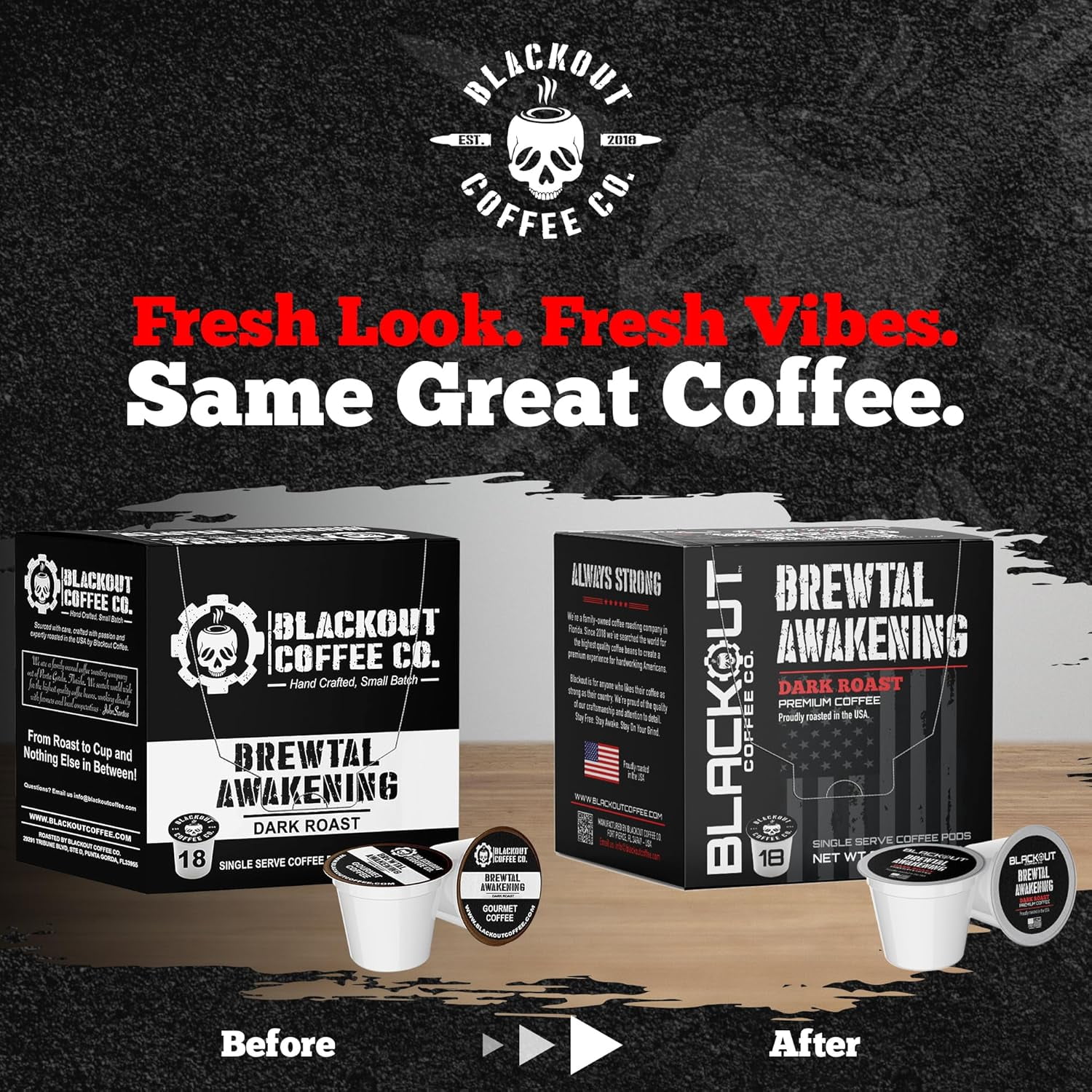 Blackout Coffee Brewtal Awakening Dark Roast Coffee Pods, Bold Rich Flavor, High Caffeine Coffee, K-Cup Compatible Single Serve Pods, 18 Count, Roasted in USA