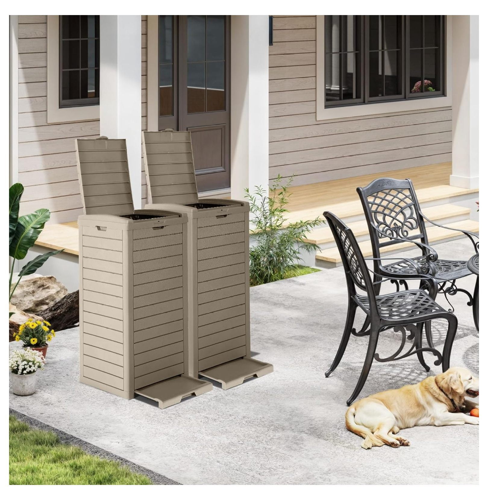 38 Gallon Large Outdoor Trash Can, Waterproof Resin Hideaway Garbage Bin with Lid and Drip Tray, Outside Trash Bin for Porch, Backyard, Deck, Patio, Poolside, Easy to Clean, Taupe