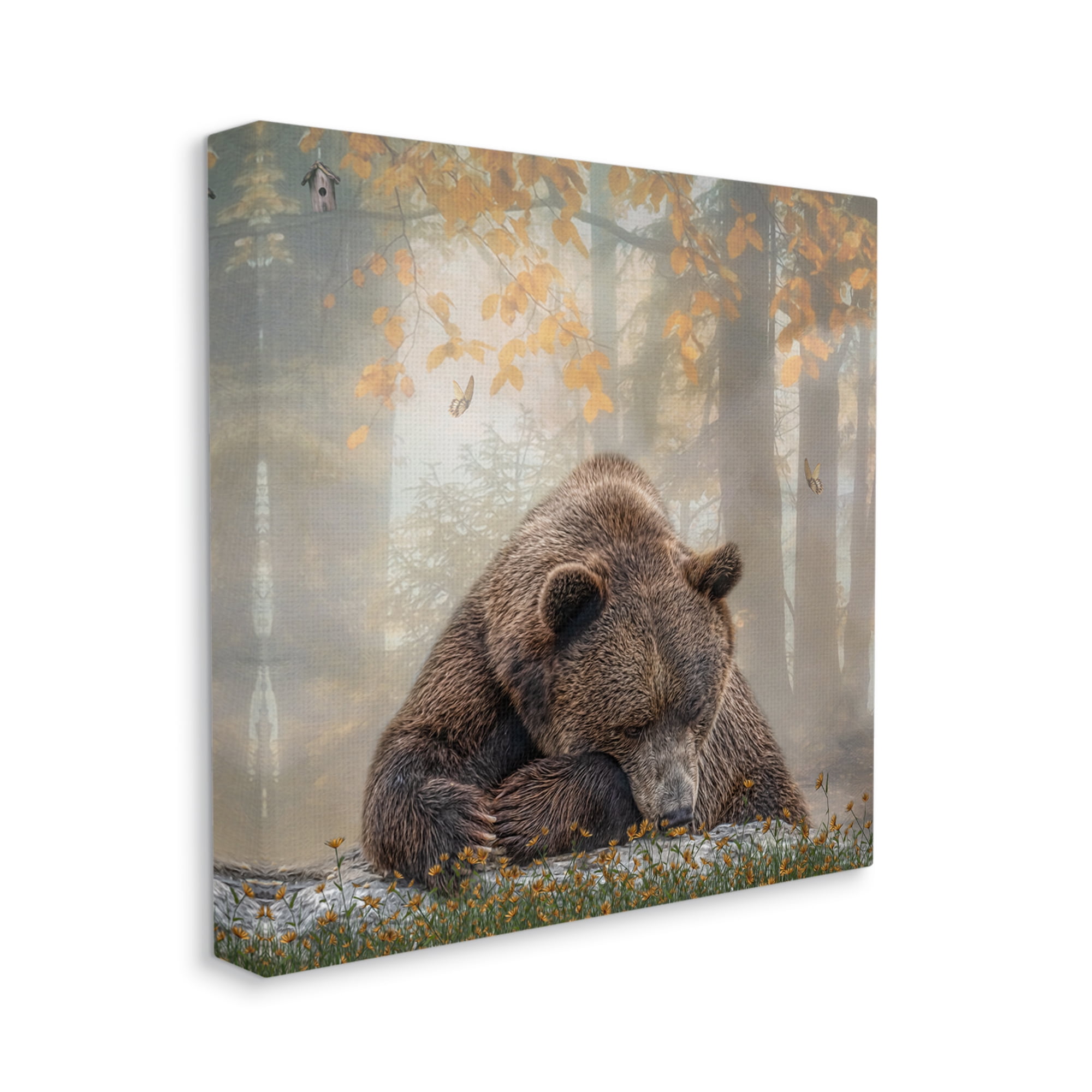 Stupell Autumn Slumber Brown Bear Foliage Animals & Insects Photography Gallery Wrapped Canvas Print Wall Art