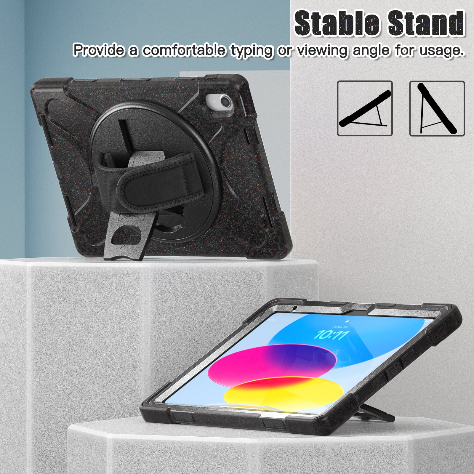 ELEHOLD Case For Apple iPad 11th(A16) 2025/10th Gen 2022, Military Grade Silicone Hybrid Rugged Case with Pencil Holder Rotating Stand Hand/Shoulder Strap,Colorful Black