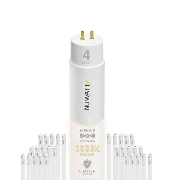 NuWatt 4FT T8 LED Tube Lights A&B Hybrid 3000K warm White, 18W Plug & Play or Ballast Bypass,G5 30PK