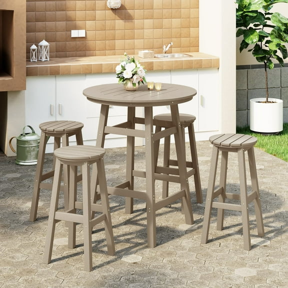 WestinTrends Malibu 5-Piece HDPE Outdoor Patio Dining Bar Bistro Table Set with Bar Stools, Weathered Wood